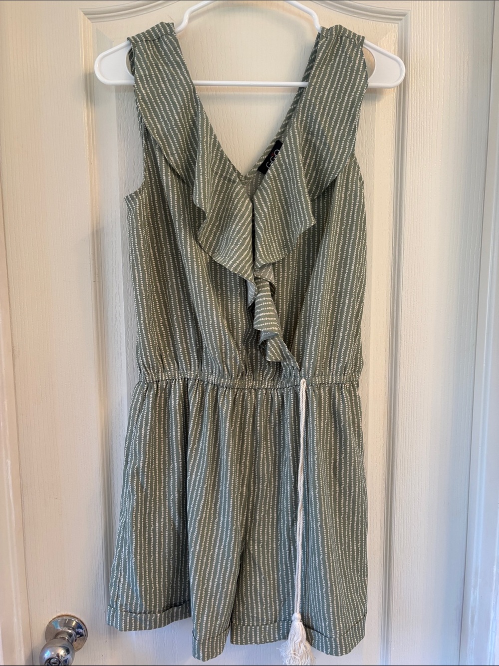 Sleeveless Olive Green Ruffle Romper with Tassel Tie